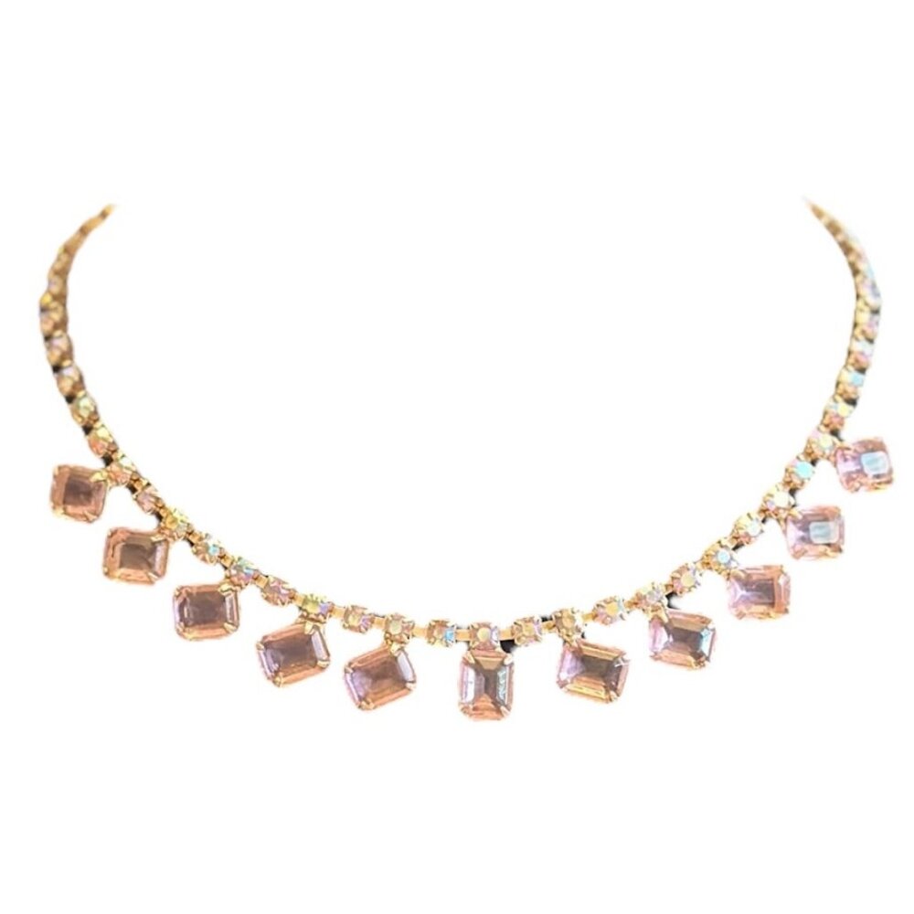Vintage Art Deco Purple Glass Stone Gold Tone Choker Necklace 15"